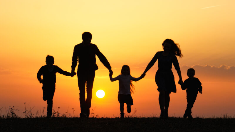 Silhouettes of happy family holding the hands in the meadow during sunset.